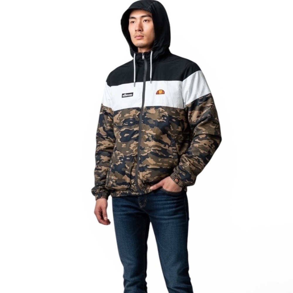 Ellesse Mens Camo Colorblock Windbreaker Jacket Black White Full Zip Hoodie L